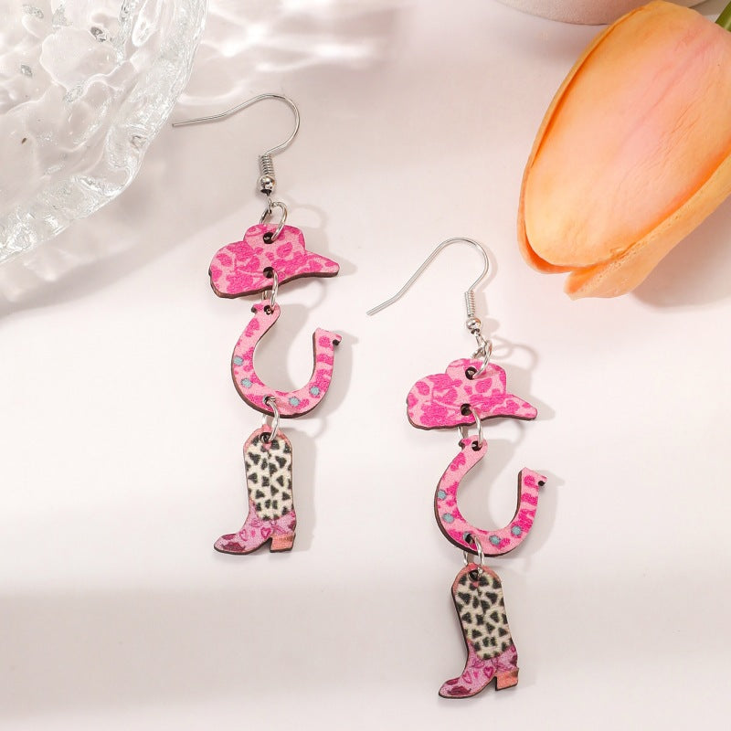 Wholesale Valentine's Day Pink Series Love Coffee Cup Personalized Western Cowboy Style Wood Earrings